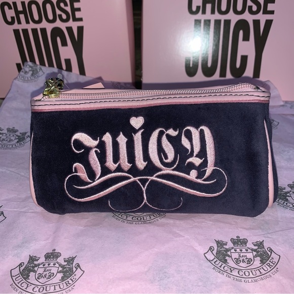 Retro Juicy Couture Pam & Gela Pink and Navy Velour Make Up Cosmetic Bag Case - Picture 2 of 6